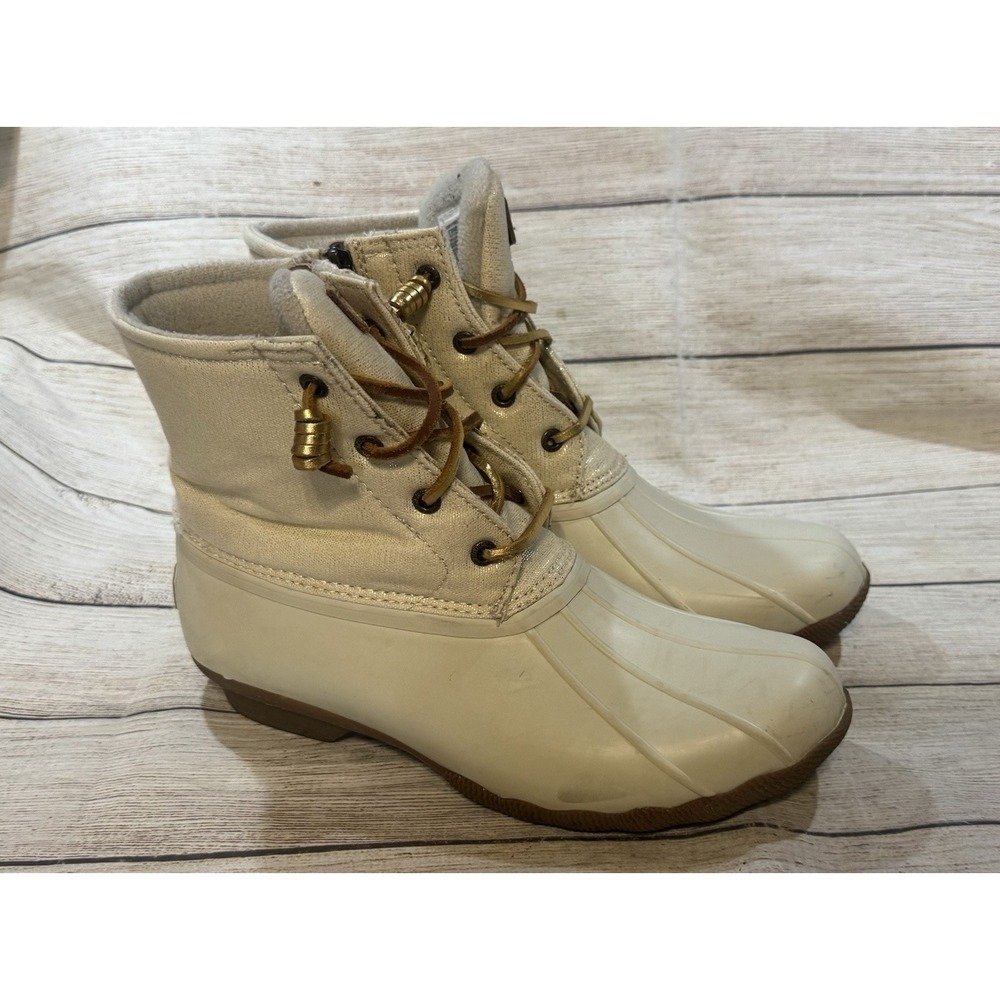 Sperry Rain Duck Boots Saltwater Canvas Rubber Oat Gold 9.5 Great Deal - Picture 1 of 7